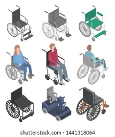 Wheelchair icons set. Isometric set of wheelchair vector icons for web design isolated on white background