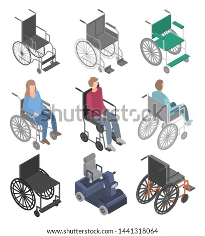 Wheelchair icons set. Isometric set of wheelchair vector icons for web design isolated on white background