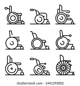 Wheelchair icons set. Outline set of wheelchair vector icons for web design isolated on white background
