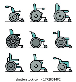 Wheelchair icons set. Outline set of wheelchair vector icons thin line color flat on white