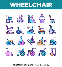 Wheelchair For Invalid Collection Icons Set Vector. Manual And Electric Wheelchair For Handicapped, Ramp And Lift For Wheel Chair Concept Linear Pictograms. Color Illustrations