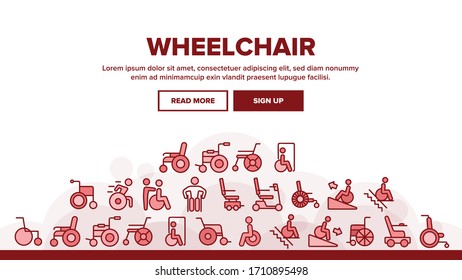 Wheelchair For Invalid Landing Web Page Header Banner Template Vector. Manual And Electric Wheelchair For Handicapped, Ramp And Lift For Wheel Chair Illustration