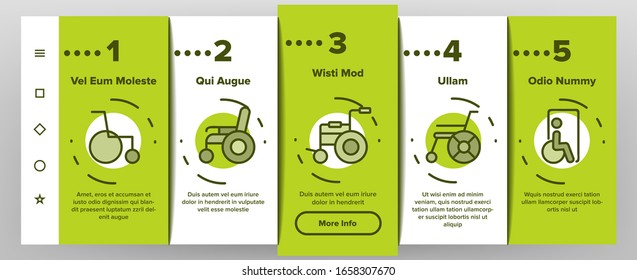 Wheelchair For Invalid Onboarding Icons Set Vector. Manual And Electric Wheelchair For Handicapped, Ramp And Lift For Wheel Chair Illustrations