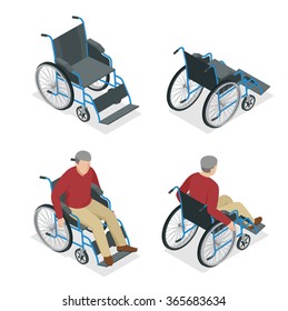 Wheelchair isometric icon. Disabled man in wheelchair isolated on white background