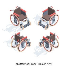 Wheelchair isometric view. Medical special equipment people with disabilities comfortable orthopedic seats and footrests device physical rehabilitation necessary means transportation. Vector help.