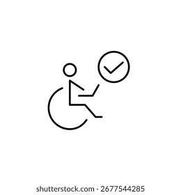 Wheelchair laptop user and checkmark, accessibility and approved for disabled people. Pixel perfect, editable stroke vector icon