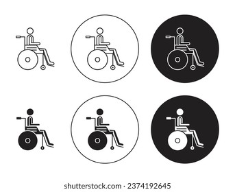 Rollstuhl-Linie Symbol-Set. Rollstuhlsymbol für behinderte Rollstuhlfahrer in schwarzer Farbe für i-Designs.