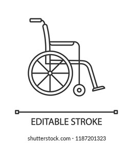 Wheelchair linear icon. Invalid chair. Wheel chair. Thin line illustration. Disability. Handicap equipment. Mobility aid. Contour symbol. Vector isolated outline drawing. Editable stroke