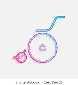 Wheelchair. Linear, thin outline. Colored logo with diagonal lines and blue-red gradient. Neon graphic, light effect