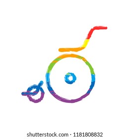 Wheelchair. Linear, thin outline. Drawing sign with LGBT style, seven colors of rainbow (red, orange, yellow, green, blue, indigo, violet