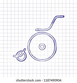 Wheelchair. Linear, thin outline. Hand drawn picture on paper sheet. Blue ink, outline sketch style. Doodle on checkered background