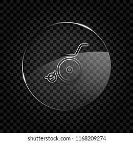 Wheelchair. Linear, thin outline. Icon in circle glass bubble on dark transparent grid. Glass style