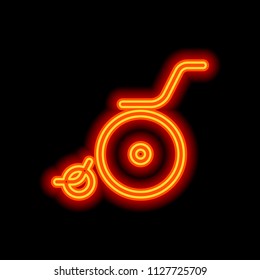 Wheelchair. Linear, thin outline. Orange neon style on black background. Light icon