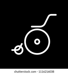 Wheelchair. Linear, thin outline. White icon on black background. Inversion