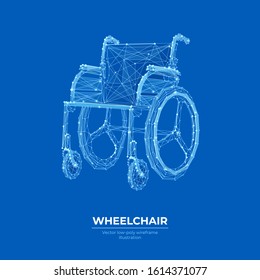 Wheelchair low poly wireframe banner vector template. Physical disability, accessibility social media post polygonal design. Handicapped people transport 3d mesh art with connected dots