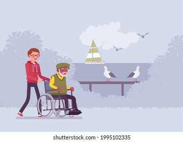 Wheelchair male senior, aged handicapped man outdoor walking with nurse. Volunteer assisting older adult, social support, care in retirement home, sea pansionat. Vector flat style cartoon illustration