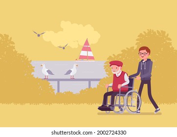 Wheelchair male senior, aged handicapped man outdoor walking with nurse. Volunteer assisting older adult, social support, care in retirement home, sea pansionat. Vector flat style cartoon illustration