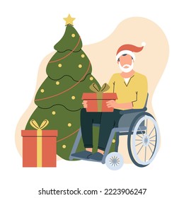 Hombre en silla de ruedas vestido con Santa Claus sosteniendo una caja de regalo. Personas con discapacidad celebran Navidad cerca del árbol de Navidad. Igualdad de oportunidades. Inclusividad. Ilustración del vector