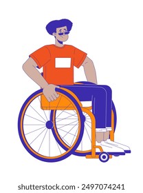 Wheelchair man latin american young adult 2D cartoon character. Disappointed disabled male isolated flat vector person white background. Stressed disability physical barriers color spot illustration