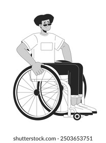 Hombre de silla de ruedas latinoamericano joven adulto blanco y negro 2D línea de dibujos animados. Persona de contorno de Vector aislado masculino discapacitado estresado. Barreras físicas de discapacidad ilustración de punto monocromático