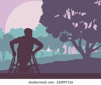 Wheelchair man in park forest landscape with trees vector background