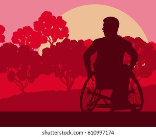 Wheelchair man in park forest landscape with trees vector background