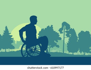 Wheelchair man in park forest landscape with trees vector background