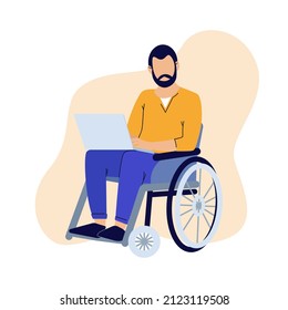 Wheelchair man working at laptop. Concept of employment and social adaptation of disabled people. Equal opportunities. Character outline with disabilities. Inclusivity. Vector illustration