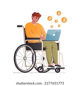 Wheelchair man working at laptop. Employment or social adaptation people with disability concept. Equal opportunities. Character with disabilities working online. Social inclusion. Vector illustration