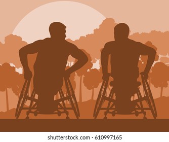 Wheelchair marathon man in park forest landscape with trees vector background