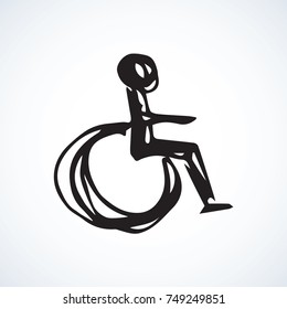 wheelchair, Mobile support stroller isolated on white backdrop. Web simple walk street traffic law logo button. Freehand linear black ink hand drawn flat emblem sketchy in retro doodle contour style pen on paper