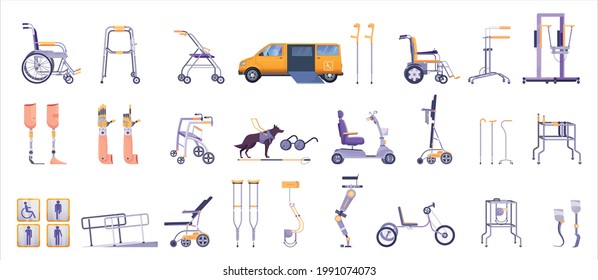 Wheelchair mobility devices and medical aids for disabled people set flat vector illustration