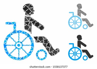Wheelchair mosaic of bumpy parts in variable sizes and color tinges, based on wheelchair icon. Vector tremulant parts are composed into mosaic. Wheelchair icons collage with dotted pattern.