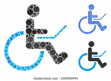 Wheelchair mosaic of circle elements in various sizes and color tinges, based on wheelchair icon. Vector circle elements are united into blue composition.