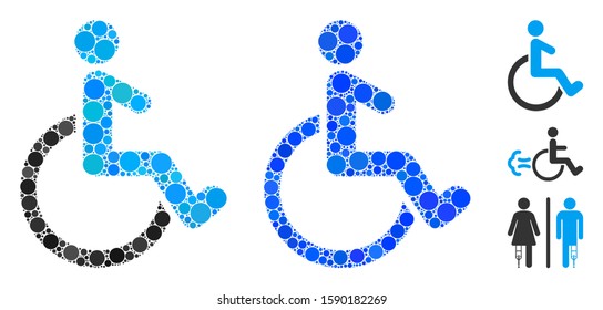 Wheelchair mosaic of circle elements in various sizes and color tones, based on wheelchair icon. Vector circle elements are organized into blue composition.