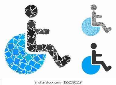 Wheelchair mosaic of raggy elements in various sizes and color tinges, based on wheelchair icon. Vector rugged elements are organized into mosaic. Wheelchair icons collage with dotted pattern.