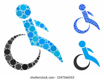 Wheelchair mosaic of small circles in various sizes and color tones, based on wheelchair icon. Vector circle elements are composed into blue mosaic. Dotted wheelchair icon in usual and blue versions.