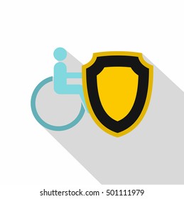 Wheelchair nd safety shield icon. Flat illustration of wheelchair and safety shield vector icon for web isolated on white background