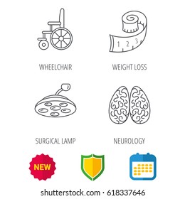 Wheelchair, neurology and weight loss icons. Surgical lamp linear sign. Shield protection, calendar and new tag web icons. Vector