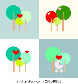  Wheel-chair newborn and family  trees with heart,  family trees with apple, color vector  prints logo, Abstract watercolor set of emblem