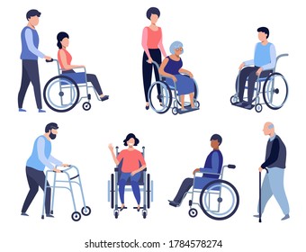 Wheelchair person, Disabled people set. Volunteer helps seniors, Care older people, and Patient health support concept illustration.