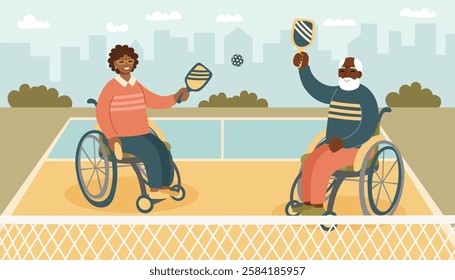 Wheelchair pickleball banner. Concept of inclusive sports and adaptive recreation. People in wheelchairs playing pickleball. Vector hand drawn background.