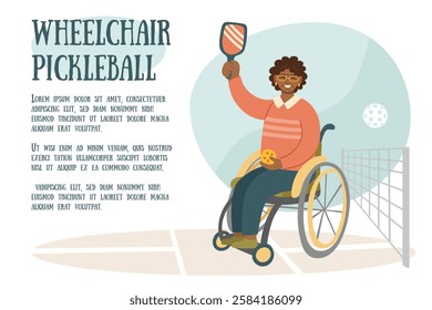 Wheelchair pickleball banner. Concept of inclusive sports and adaptive recreation. Woman in wheelchair. Vector hand drawn background.