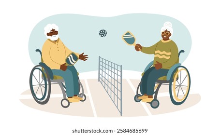 Wheelchair pickleball banner. Concept of inclusive sports and adaptive recreation. People in wheelchairs playing pickleball. Vector hand drawn background.