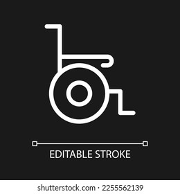 Wheelchair pixel perfect white linear ui icon for dark theme. Medical equipment. Disability. Vector line pictogram. Isolated user interface symbol for night mode. Editable stroke. Arial font used