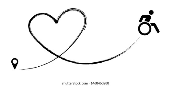 Wheelchair pointer, pin love route. Person with a disability, people with disability or physical handicap. Flat vector pictogram or symbol. Mobility symbol.