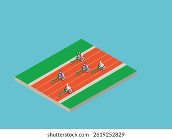 a wheelchair race on a track with five participants competing 3d isometric vector