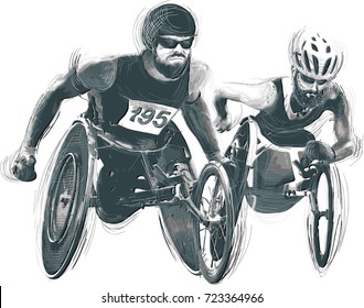 WHEELCHAIR RACING.- Athletes with physical disabilities. An hand drawn vector. Note - Any accurate photo original for this picture, original is created by me.