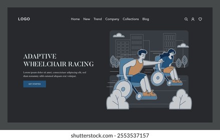 Wheelchair racing concept. Athletes with disabilities compete in an urban setting. Inclusivity and determination in adaptive sports. Vector illustration.