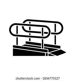 Wheelchair ramp black glyph icon. Outdoor inclined plane. Wheelchair users accessibility. Disabled persons. City infrastructure. Silhouette symbol on white space. Vector isolated illustration